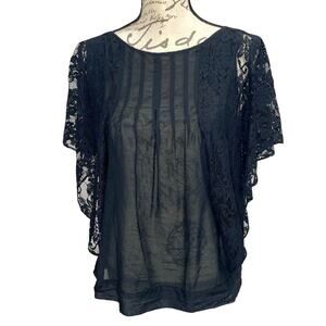 Joie Women's Joyce Black Lace Flutter Sleeve Boho Top Semi-sheer; Medium